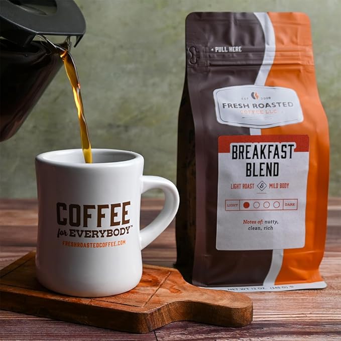 Fresh Roasted Coffee, Breakfast Blend, 12 oz, Light Roast, Kosher, Ground