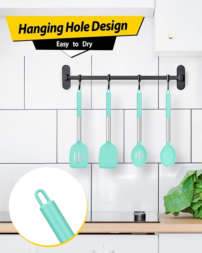 Pack of 4 Silicone Cooking Utensils Set, Non Stick Large Solid Spatulas, Heat Resistant Blue Slotted Spoons, Ideal BPA Free Kitchen Turners for Frying, Mixing,Serving,Draining,Turning,Stirring