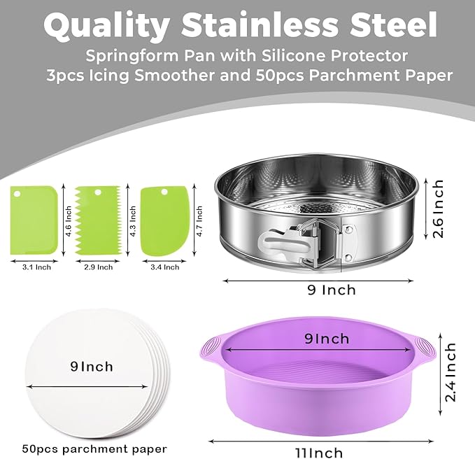 Stainless Steel Springform Pan 9 Inch Nonstick, Leakproof Cheesecake Pan with Pan Protector, Spring Form Pan for Cheesecake, 9 Inch Springform Cake Pan, Cheese Cake Pans for Baking & 50Pcs Parchment