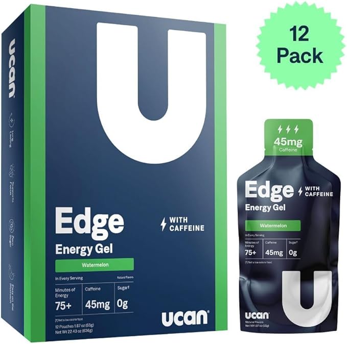 UCAN Edge Energy Gel Shots, Watermelon & Caffeine (12, 2 Ounce Packets) for Running, Training, Workouts, Fitness, Cycling, Crossfit | Sugar-Free, Vegan, & Keto Friendly Energy