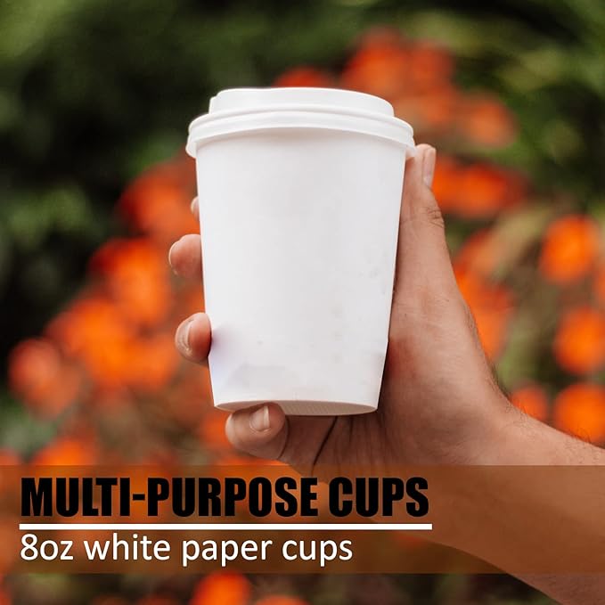 Smygoods White Disposable Paper Coffee Cups with Lids (10 OZ, 50 Count) For Hot Beverages, Tea, Espresso, Cocoa - To Go Drink Containers, Café & Office
