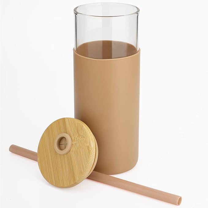 Tronco 20 oz Glass Tumbler with Lid & Straw - Iced Coffee Cup & Smoothie Cup With Silicone Sleeve | BPA-Free, Dishwasher Safe | Reusable Glass Cups with Bamboo Lids and Straws (Amber, 1 Count)