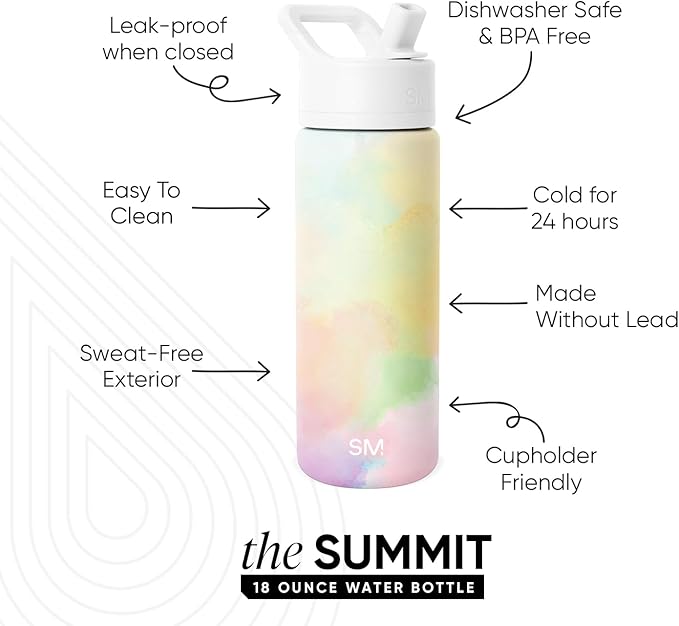 Simple Modern Kids Water Bottle with Straw Lid | Vacuum Insulated Stainless Steel Metal | Reusable Leak Proof BPA-Free Thermos for School | Summit Collection | 18oz, Cotton Candy Tie Dye
