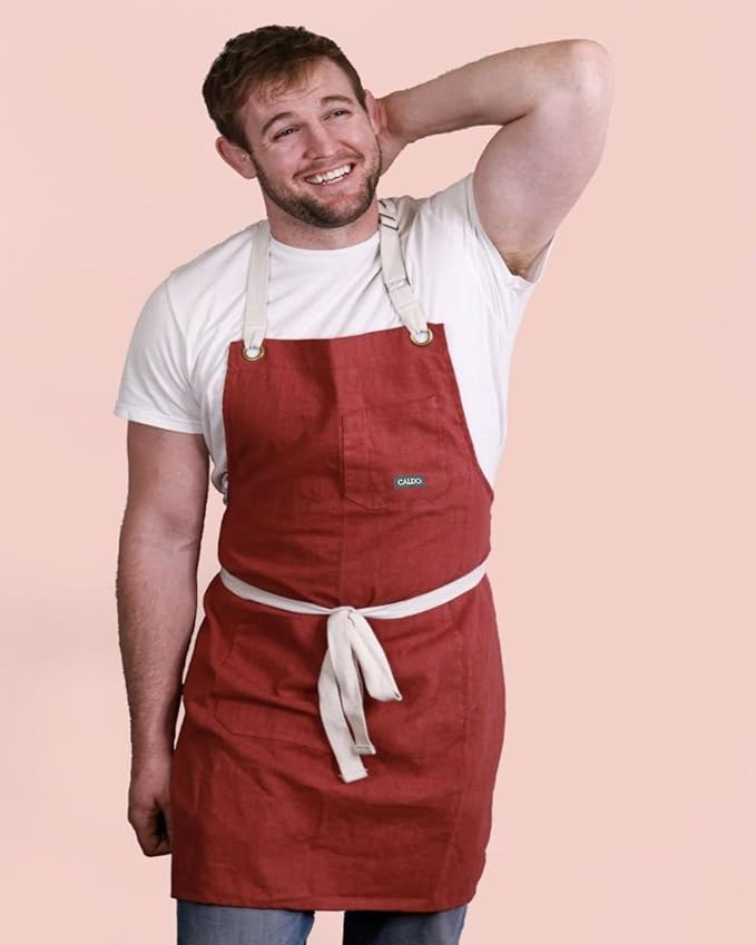 Caldo Linen Kitchen Apron for Cooking - Mens and Womens Linen Bib Apron (Burgundy)
