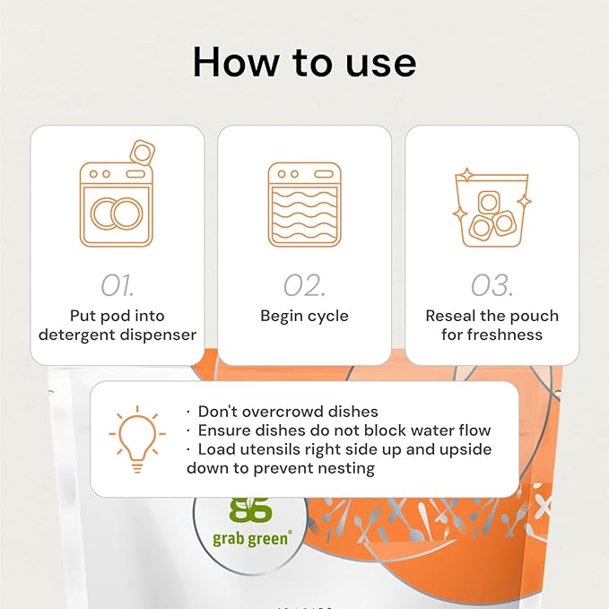 Grab Green Automatic Dishwashing Detergent Pods, 12 Count, Tangerine Lemongrass Scent, Plant and Mineral Based, Superior Cleaning, Powerful Grease Removal, Brilliant Shine