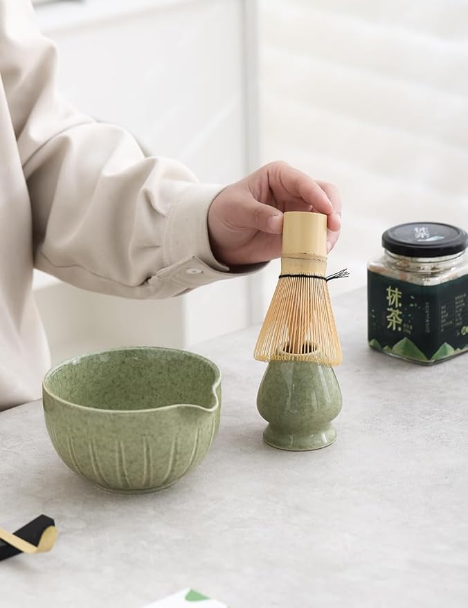 TANG PIN Matcha Set - Match Bowl with Spout and Whisk, 15 OZ, Matcha Scoop | Matcha Whisk Stand (Chasen Holder) - 4pc Perfect Matcha Kit for Matcha Tea Ceremony (Mottled Green)