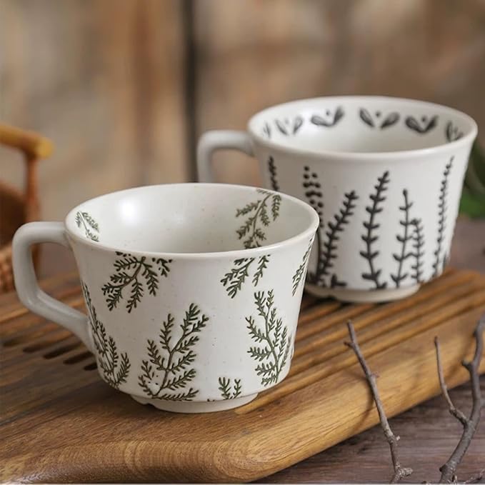 Ceramic Mug Set of 1 With Gold Spoon, 11oz - Vintage Coffee Mug, Pottery Cups for Milk, Latte, Cappuccino, Tea - Porcelain Dishwasher, Microwave Safe Stoneware Green Leaf