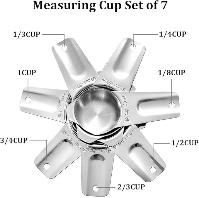 Measuring Cups Stainless Steel 7 Piece Stackable Set for Dry or Liquid Ingredients Measurement - Kitchen Gadgets & Utensils Metal Measuring Cups Best for Cooking & Baking