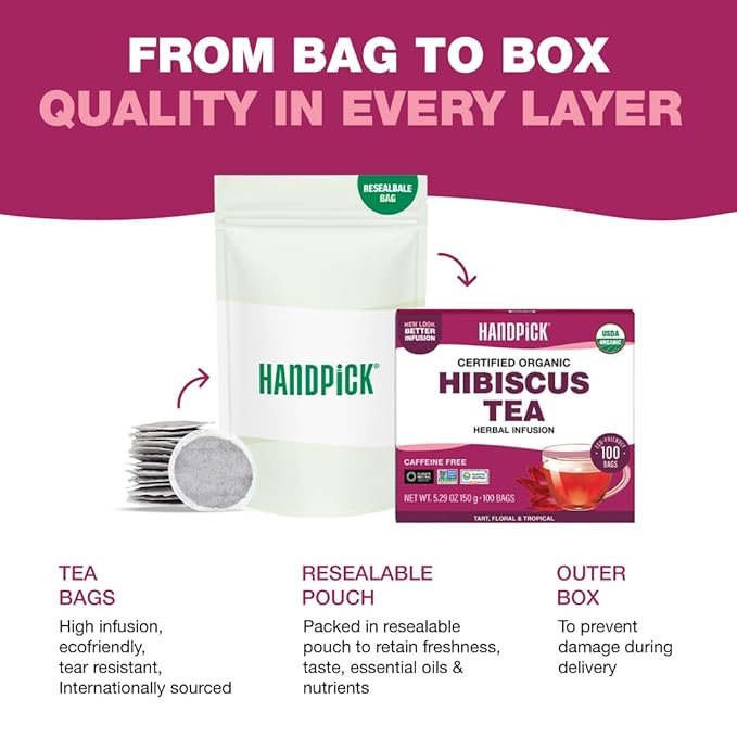HANDPICK, Organic Hibiscus Tea Bags (100 Tea Bags) | Caffeine-Free, 100% Natural Pure Indian Hibiscus Flowers | Ayurvedic Benefits in every sip