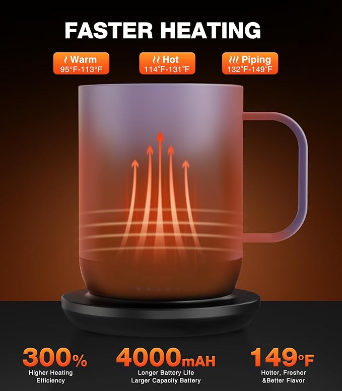 Self Heating Coffee Mug T1-16oz Fast Heating & Ultra Long-Lasting Battery Life, Heated Coffee Mug Up to 149℉ - Touch & App Controlled Coffee Mug, Birthday Gifts for Women and Men