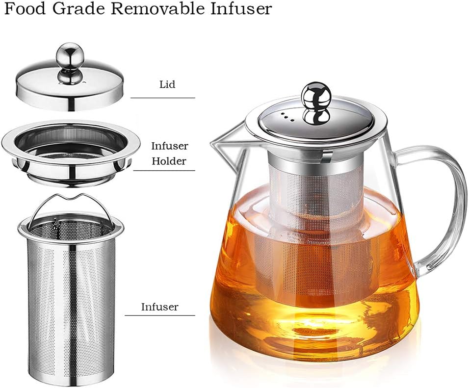 Glass Teapot with Infuser Tea Pot 32oz/43oz Tea Kettle Stovetop Safe Blooming and Loose Leaf Tea Maker Set (32oz/ 950ml)