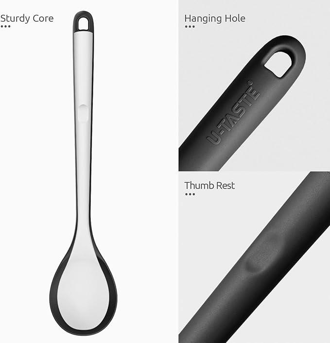 600ºF Heat Resistant Silicone Spoon: U-Taste 13.3in Solid Kitchen Cooking Spoon, Nonstick Food Grade Large & Long Soup Rubber Utensil for Mixing, Serving, Stirring, Basting, for Pot Cookware (Black)