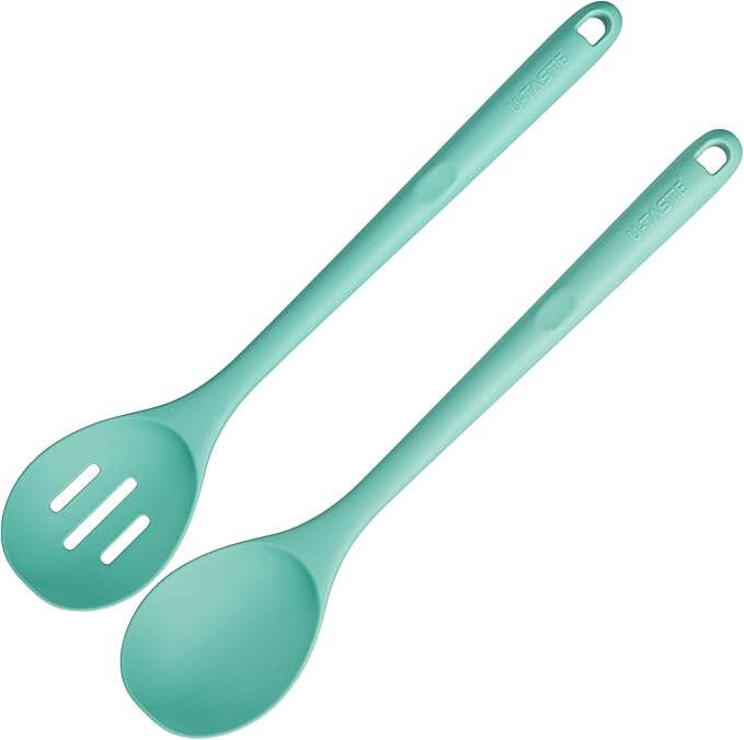 600ºF Heat Resistant Silicone Spoons: U-Taste 13.3in Solid & Slotted Kitchen Cooking Tool, Nonstick Long Rubber Utensil, Sturdy for Mixing, Serving, Stirring, Frying, Basting (Aqua Sky, 2PCS)