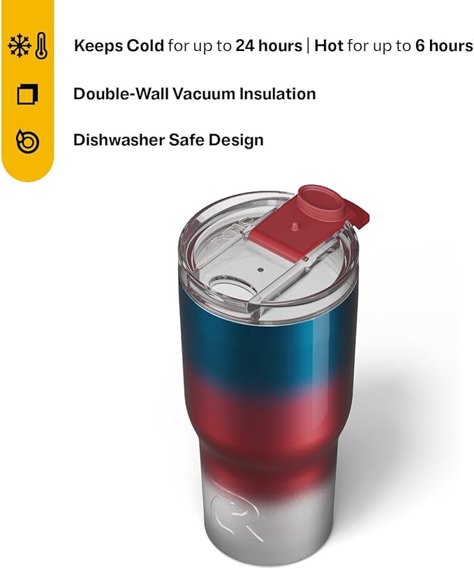 RTIC 20oz Essential Tumbler with Lid, Insulated, Stainless Steel, Metal, Double Wall Vacuum-Insulation, Ceramic Lined, Travel Cup for Iced Coffee, Tea, Hot and Cold Drink, Patriot Metallic
