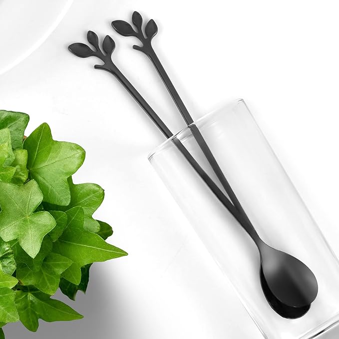 AnSaw 6-Piece Elegant Black Leaf Long Handle Teaspoons - 7.4" Stainless Steel Stir Spoons for Coffee & Tea, Perfect for Mixing & Stirring