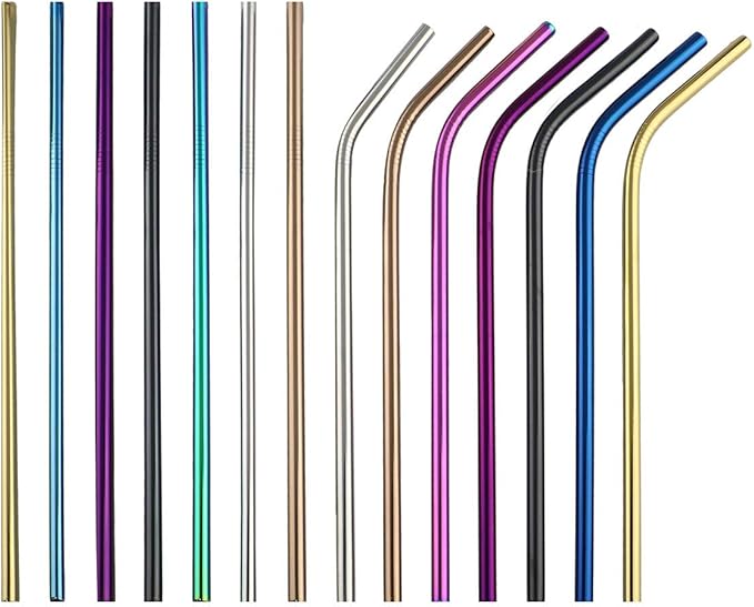 Gugrida Metal Straws Stainless Steel Straws 8.5" Drinking Straws Reusable 4 Set - Ultra Long Muti Color-Cleaning Brush for 20/30 Oz for Trail Tumblers Yeti RTIC SIC Ozark (2 Straight|2 Bent|1 Brush）