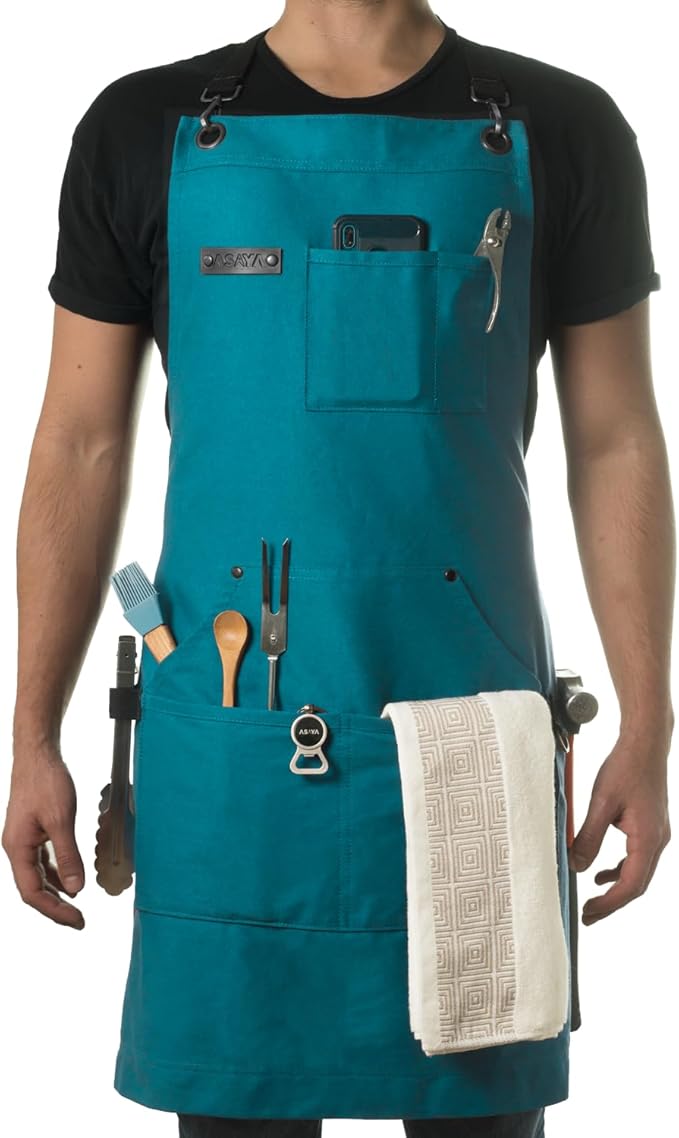 Asaya Chef and BBQ Apron with Bottle Opener and Hand Towel - 10oz Cotton Canvas, Stainless Steel Hardware - Cross Back Straps