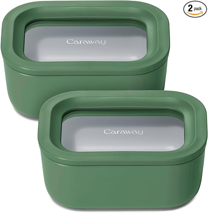 Caraway 2pc Glass Food Storage Set - 2.6 Cup Food Containers (2) - Non-Toxic Ceramic-Coated Glass - Air Release Technology - Compact & Stackable Design - Sage