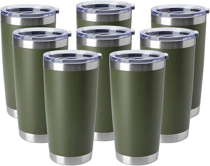 HASLE OUTFITTERS 20oz Tumblers Bulk Stainless Steel Cup with Lid Double Wall Vacuum Insulated Coffee Mug for Cold & Hot Drinks 8 Pack, Army Green