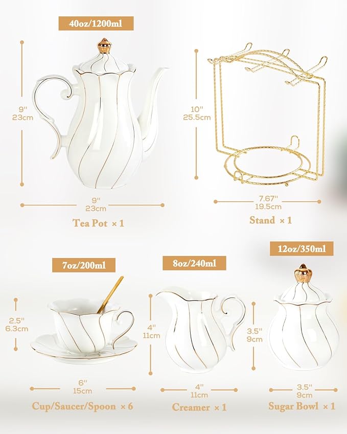 DUJUST 22 pcs White Porcelain Tea Set for 6, Luxury British Style Tea/Coffee Cup Set with Golden Trim, Beautiful Tea Set for Women, Tea Party Set, Gift Package (With a Stand)