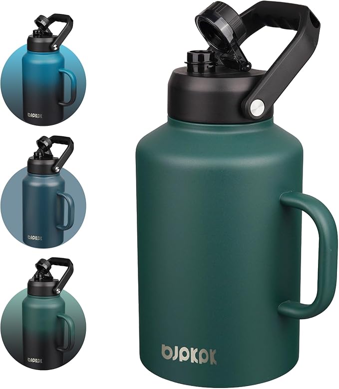 BJPKPK 1 Gallon Water Bottle with Handle, Large Dishwasher Safe 128oz Insulated Water Bottle, BPA Free Water Jug, Wide Mouth Metal Water Bottle with Anti-slip Bottom, Keep Cold & Hot,Army Green