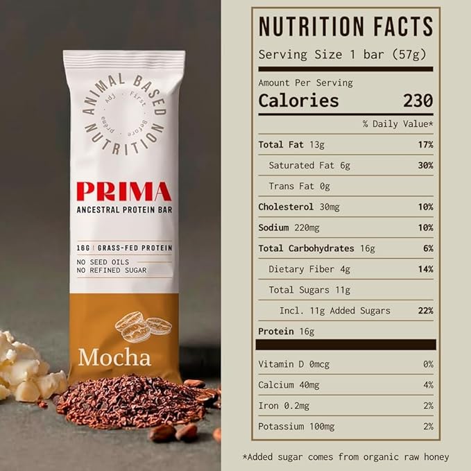 PRIMA ANCESTRAL PROTEIN BAR Grass Fed Protein Bars, 7 Pack – Animal-Based Protein Bar with Beef Tallow, Raw Honey, Seed Oil Free, Low Carb, Gluten-Free – Healthy, Energy Snacks for Clean Lifestyle (7 Pack, Mocha)