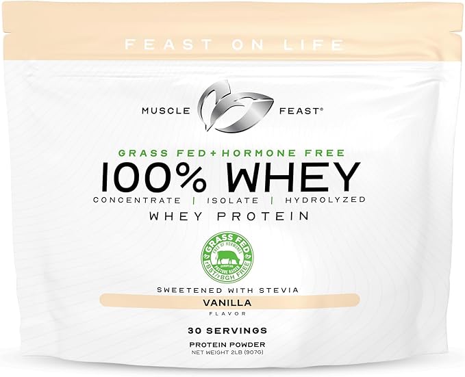 Muscle Feast 100% Grass Fed Whey Protein Powder, All Natural, Hormone Free Paure Raised Whey Protein Powder for Women & Men - Whey Concentrate, Isolate & Hydrolyzed Protein Powder Blend - Vanilla, 2lb
