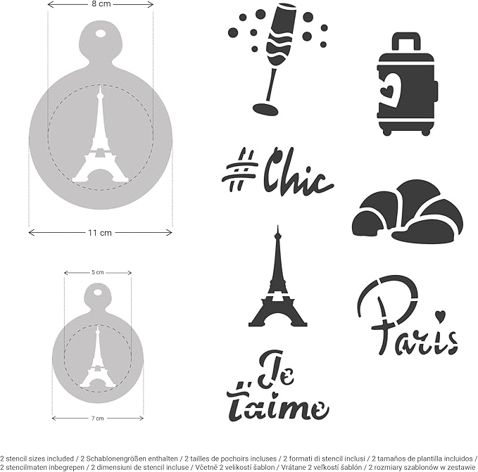 NAKLEO Coffee Stencils and Cookies Decoration 14Pcs 2.8”x2.8” and 4.3”x4.3”, Reusable Plastic Baking Templates, Paris Travel France, Barista DIY Art Craft, Capuccino Latte Chocolate Cake Biscuit