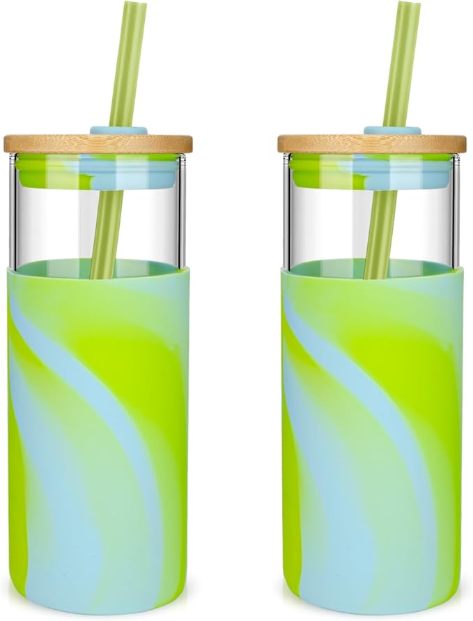 Tronco 20 oz Glass Tumbler with Straw and Bamboo Lid, Iced Coffee Cup Reusable, Smoothie Cups, Tumbler with Silicone Protective Sleeve - BPA Free
