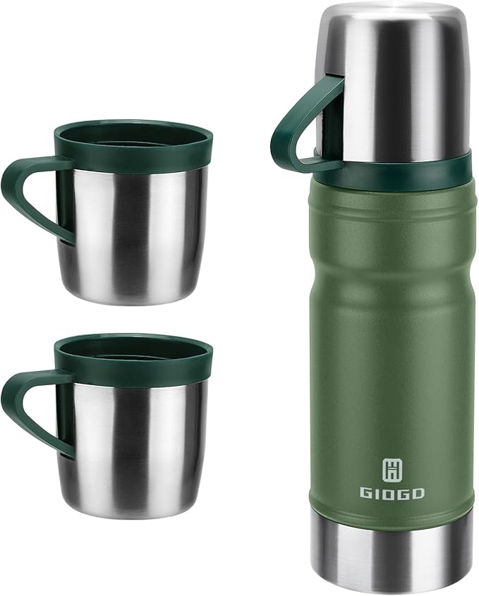 Vacuum Insulated Water Bottle Thermo Water Flask with Cup 680ml/23oz Stainless Steel Thermal Water Bottles Thermo for Hot and Cold Drinks Coffee Water(Green,Set)