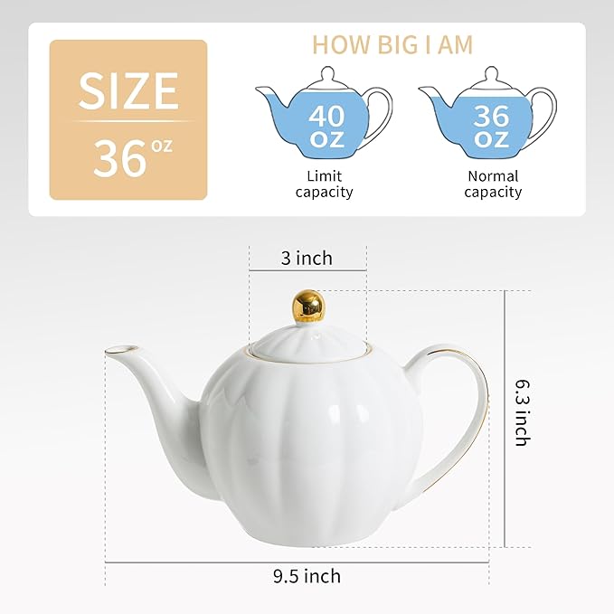 36oz White Porcelain Teapot with Gold Trim, Large Ceramic Teapot for Loose Leaf Tea & Tea Bags, Elegant Tea Party, Gift for Tea Lovers, Classic Design