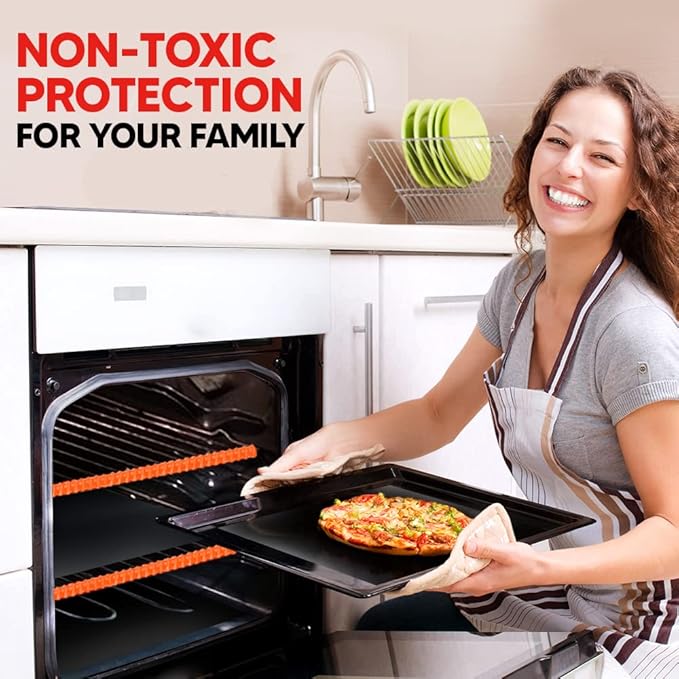 Oven Liners for Bottom of Oven Black (4-pack) Bundled with Rack Shield (4-pack) - Large Mat for Bottom of Range (17"x 25") and 14" Orange Stove Guards for Racks - Reusable & Heat Resistant