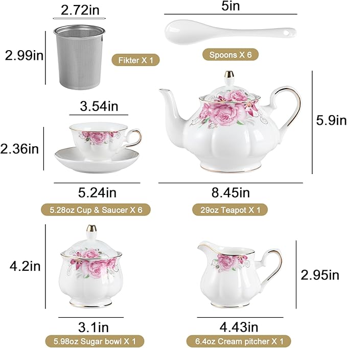 Sweejar Porcelain Tea Sets, Vintage British Floral Relief Gold Rimmed Teapot Cup and Saucer Set, Tea Set Service for 6, with Teapot, Sugar Bowl, Milk Jug, Spoons, Tea Cup and Saucer (Camellia)