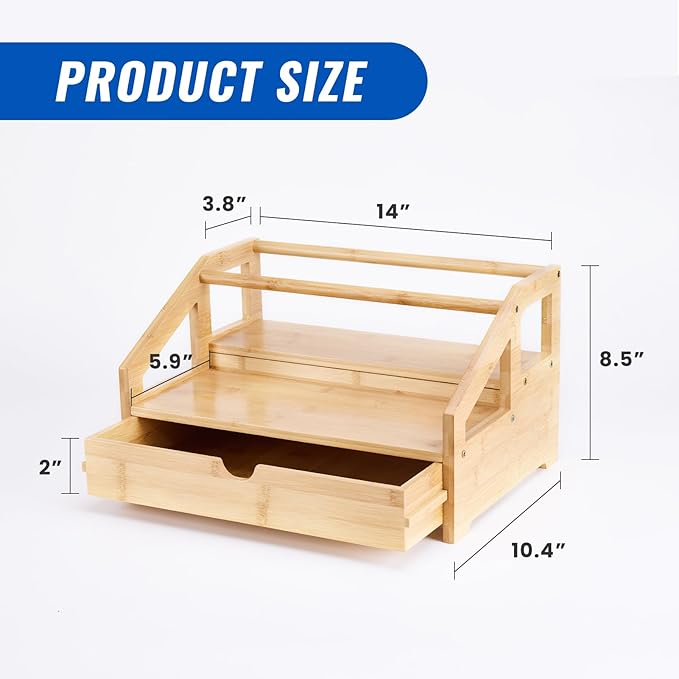 Bamboo Coffee Syrup Rack Organizer 3 Tier Rack with Cup Storage Box, Bottle Holder Stand for Syrups, Dressings, Kitchen Coffee Station, Natural