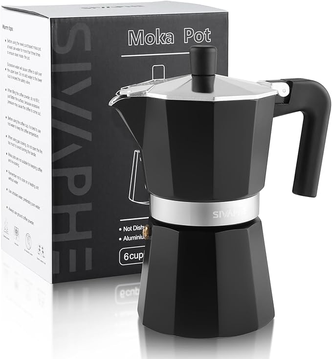 Sivaphe Aluminum Moka Pot 6 Espresso Cups, Percolator Espresso and Coffee Maker, Portable Stovetop Italian and Cuban Café Brewer for Home and Camping Black