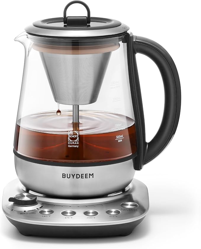 BUYDEEM K176 Tea Maker, Multifunctional Stainless Steel Electric Kettle for Tea and Coffee Brewing, Auto Keep Warm, 5 Flavor Controls, 1.5L