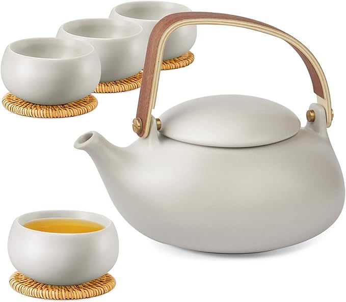 ZENS Vintage Japanese Tea Set, 27oz Ceramic Japanese Teapot with Infuser, Wood Handle Matte Gray Teapot with Strainers and 4 Cups for Tea Party, Women's Gift