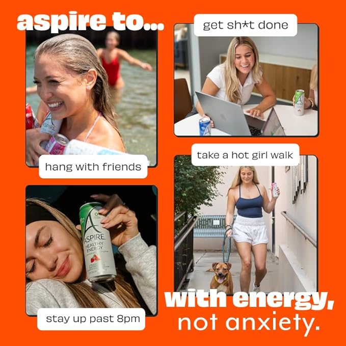 ASPIRE® Mango Lemonade, Healthy Energy Drink 80mg Natural Caffeine, Zero Sugar No Carbs Keto Friendly, 12 Pack Green Tea Sugar Free Drink Low Caffeine Zero Calorie