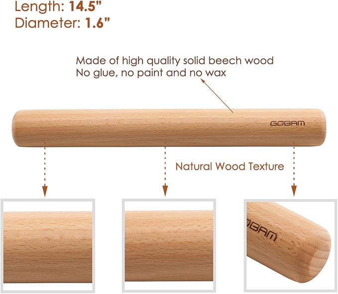 GOBAM Wood Rolling Pin, Large - Dough Roller for Pasta, Cookies, Pie, Pizza, Chapati, Fondant, Rolling Pins for Baking, Bread Making Tools and Supplies - 14.5 x 1.6 Inches
