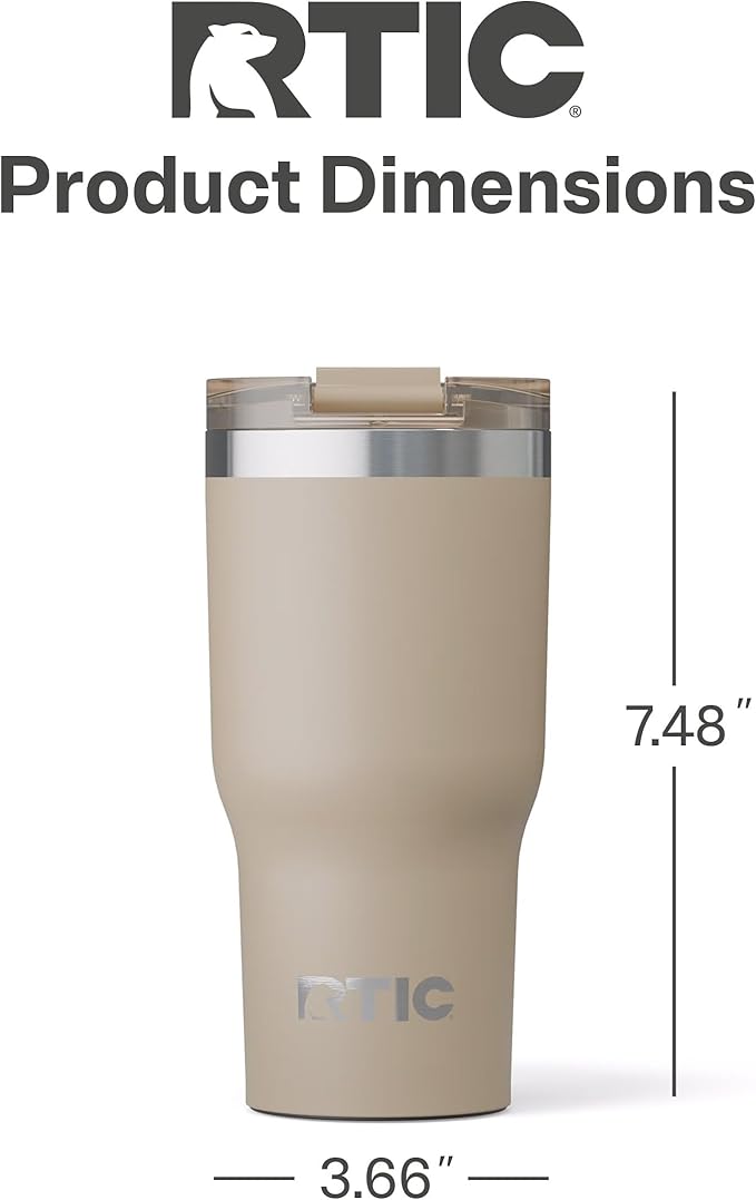 RTIC 20oz Essential Tumbler with Lid, Insulated, Stainless Steel, Metal, Double Wall Vacuum-Insulation, Ceramic Lined, Travel Cup for Iced Coffee, Tea, Hot and Cold Drink, Beach