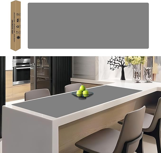 49.2''x15.7''(125cmx40cm) Extra Large Silicone Mat, Silicone Mats for Kitchen Countertop, Heat Resistant Mat Kitchen Island Countertop Protector, Waterproof Kitchen Counter Mats, Light Gray
