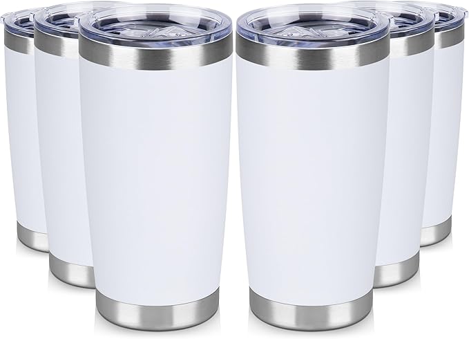 20 oz Tumbler Stainless Steel Tumblers Bulk with Lid Double Wall Insulated Coffee Tumbler Cups for Hot & Cold Drinks Powder Coated Travel Coffee Tumbler Mug Metal (White, 6 pack)