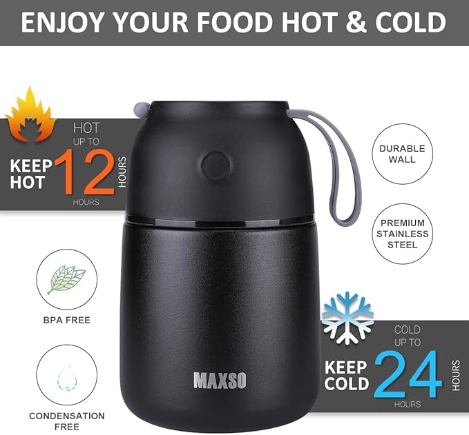 Insulated Thermo Food Jar for Hot & Cold Food for Kids Adult, 17 oz Soup Thermal Hot Food Containers for Lunch, Triple Layer Insulation Stainless Steel Food Jar with Spoon (Black)