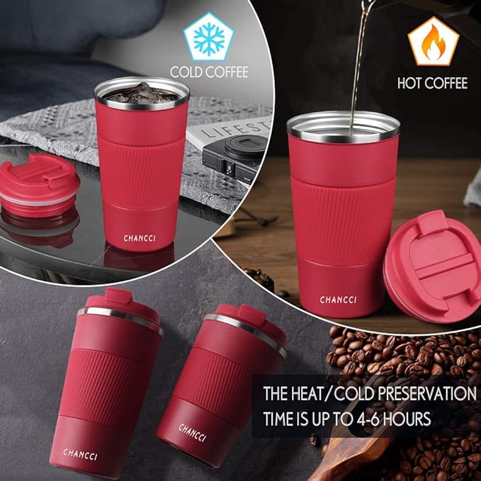 Travel Coffee Mug Spill Proof Leakproof 16 oz Insulated Coffee Mug with Screw Lid, Stainless Steel Vacuum Tumbler Reusable Thermal Coffee Cup to go for Hot and Cold Drinks -510ml,Red