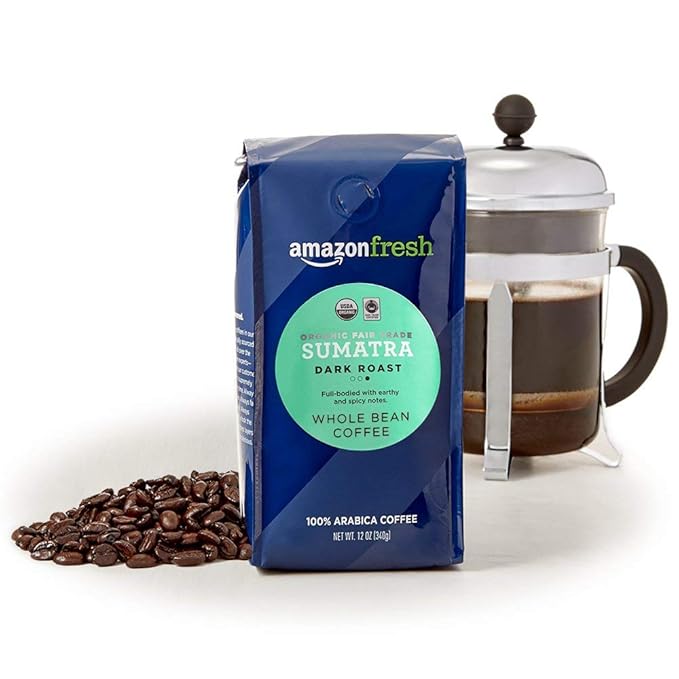 Amazon Fresh Organic Fair Trade Sumatra Whole Bean Coffee, Dark Roast, 12 Ounce (Pack of 3)