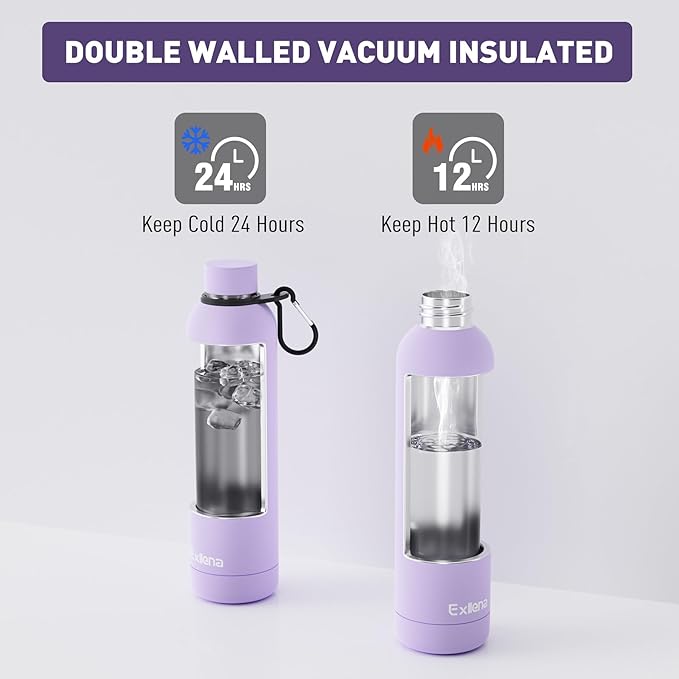 Slim Insulated Water Bottles for Travel 32oz with Clip, Double Wall Vacuum Stainless Steel Water Bottle Keeps Drinks Cold 24 Hrs/Hot 12 Hrs, 100% Leakproof, BPA Free(Purple)