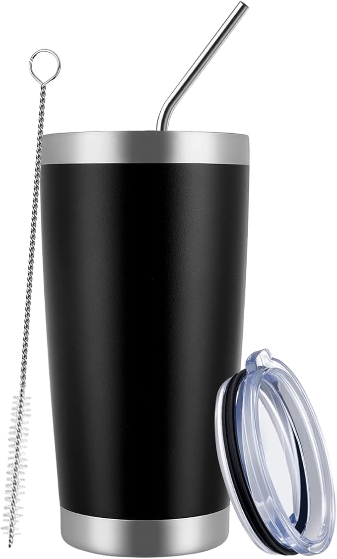MEWAY 20oz Tumbler Cup Double Wall Vacuum Insulated Travel Mug Bulk, Stainless Steel Tumblers with Lid and Straw, Durable Powder Coated Coffee Cups for Cold & Hot Drinks (Black, 1)