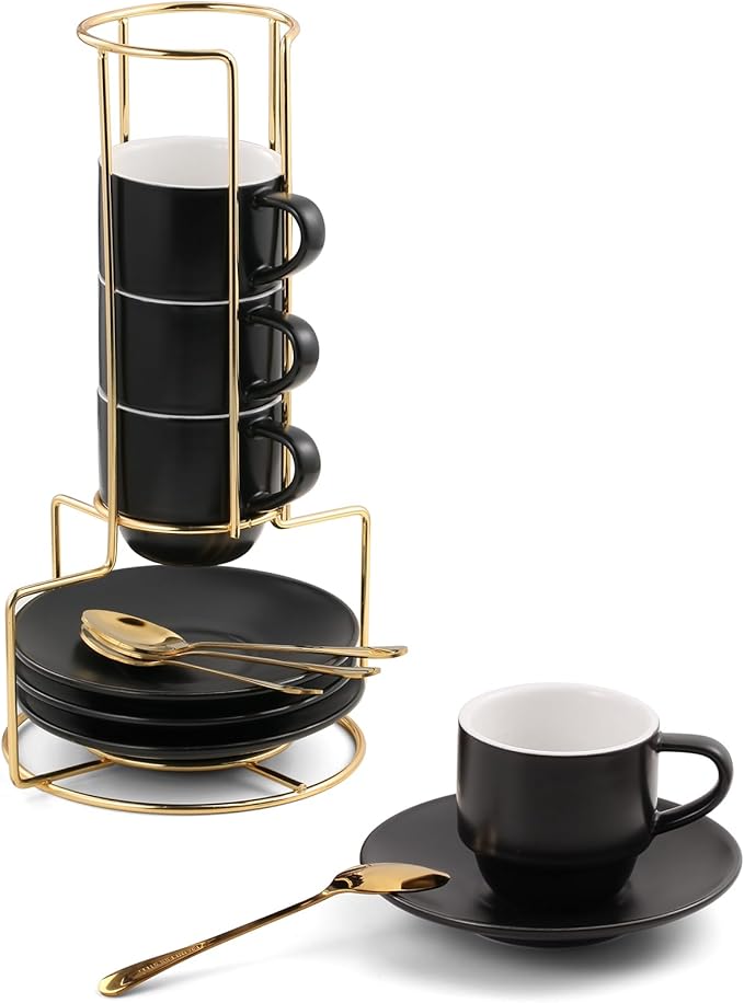 Lareina 3-Ounce Espresso Cups Set of 4, Small Stackable Coffee Cups with Saucers, Spoons and Metal Stand, Ceramic Demitasse Mugs, Espresso Accessories for Machine, Black