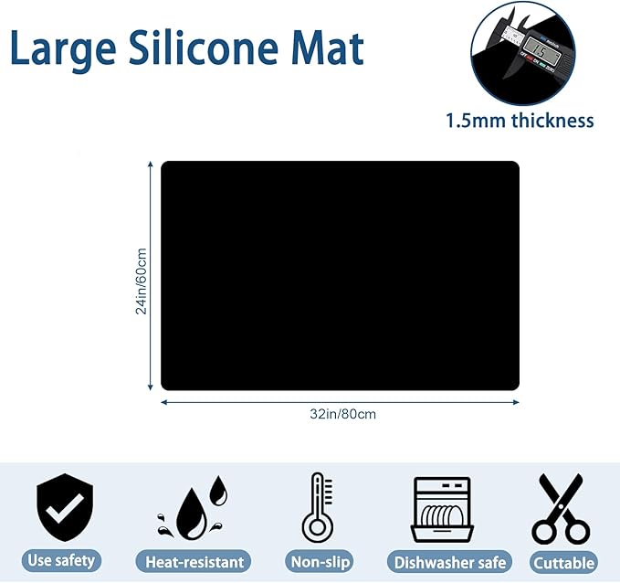 24"x32"(60cmx80cm) Silicone Mat for Kitchen Counter, Heat Resistant Non-Slip Countertop Protector, Waterproof Silicone Craft Mat for Kitchen Island, Semitransparent