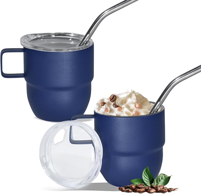 4oz Espresso Cup Set of 2, Insulated Espresso Mug With Lid and Straw, Espresso Shot Glasses with Handle, Double Walled Stainless Steel Small Expresso Shots Cup for Coffee
